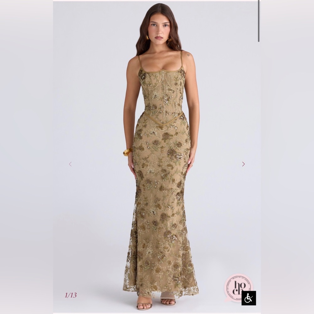 Olive Bronze Hand Beaded Embellished Corset Maxi Dress - Limited Edition